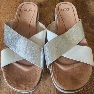 UGG Australia Kari Flat White Silver Metallic Sandals US Womens Size 6.5
